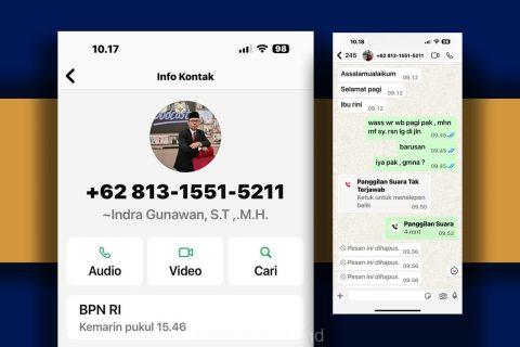 tangkapan layar dan pesan WhatsApp penipuan dari seseorang yang mengaku sebagai Kepala BPN Kota Depok. (Foto: Ist)